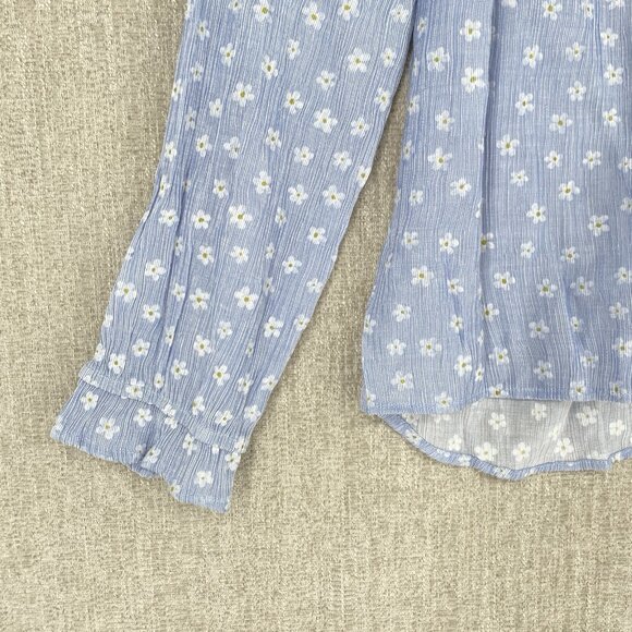 Zara Top Womens Small Blue Floral Blouse Ruffle Cuff Neck Blouse Cut‎ Out - Picture 8 of 11